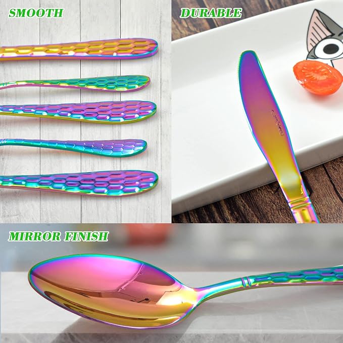 Hammered Silverware Set 20 Pieces, 18/10 Stainless Steel Colorful Silverware Set - Image 6
