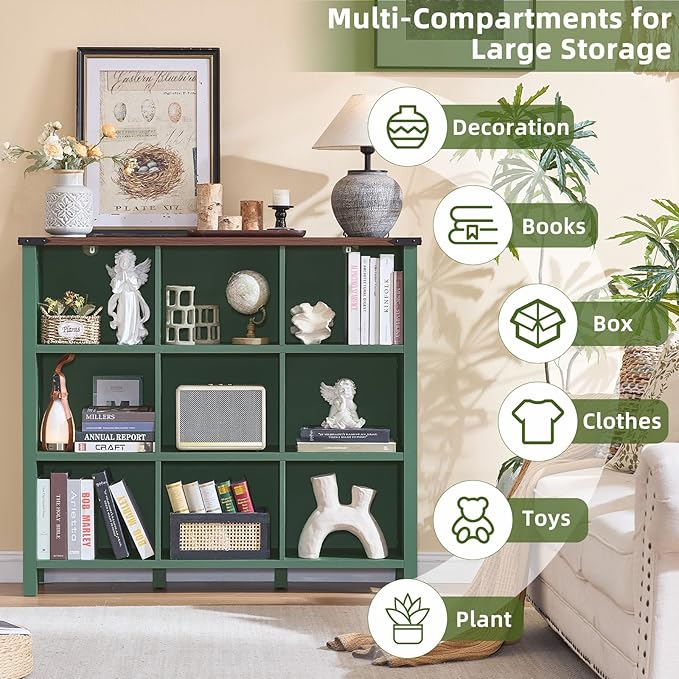 9 Cube Storage Organizer, Farmhouse 47 Inch Wide Vintage Green Bookshelf, Wooden 3 Tier Display Large Open Book Shelf, Rustic Bookcase for Home Office, Cubby Storage Cabinet for Living Room