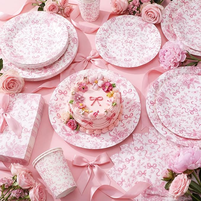 LemonRoad 150 Pcs Pink Bow Floral Disposable Plates and Napkins Bow Coquette - Image 4