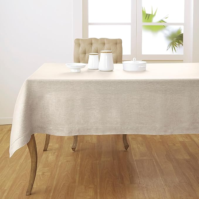 Solino Home Linen Light Natural Tablecloth 60 x 120 Inch - Classic Hemstitch, 100% Pure Linen Rectangular Tablecloth - Machine Washable Table Cloth for Spring, Easter