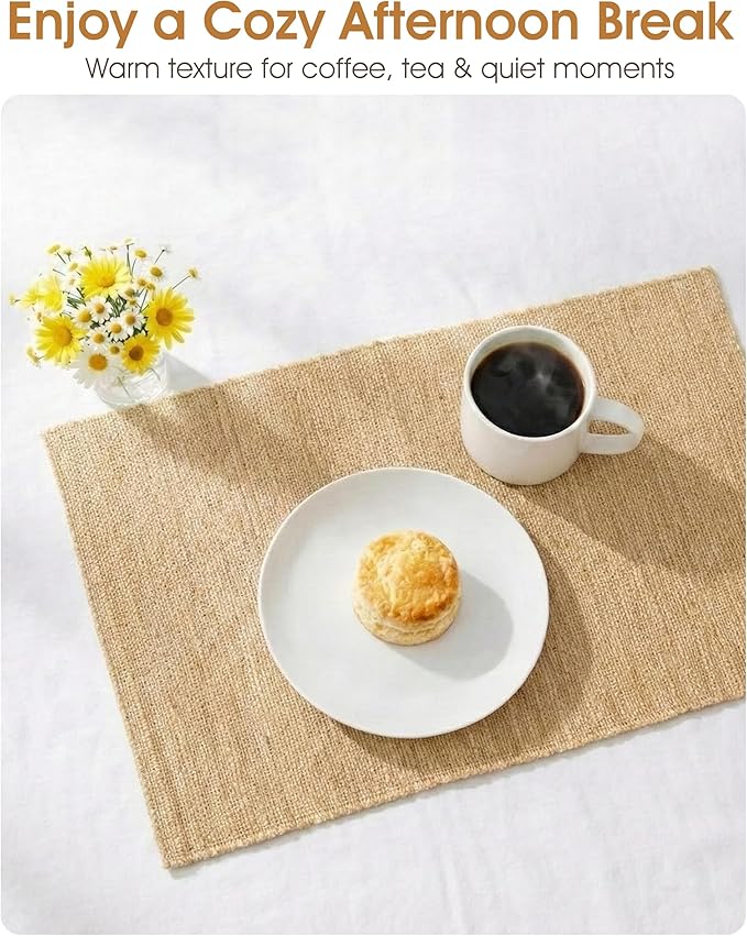 Handmade Ramie Placemats Set of 6, 12"x18" Eco-Friendly Natural Woven Table Mats for Dining Table, Heat-Resistant & Washable Natural Fiber Placemats for Kitchen, Farmhouse, Boho & Home Decor