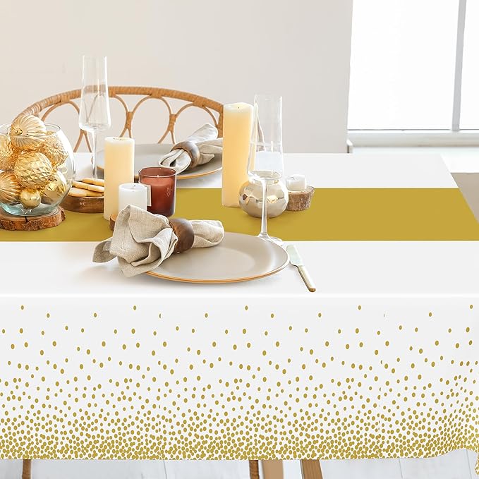 QZYL 12Pack Table Cloth Rectangle Tables, 54" x 108" Disposable Party White Table Cloths with Gold Dot, Waterproof Table Covers for Birthday Outdoor Wedding New Year Eve Birthday Decorations Supplies
