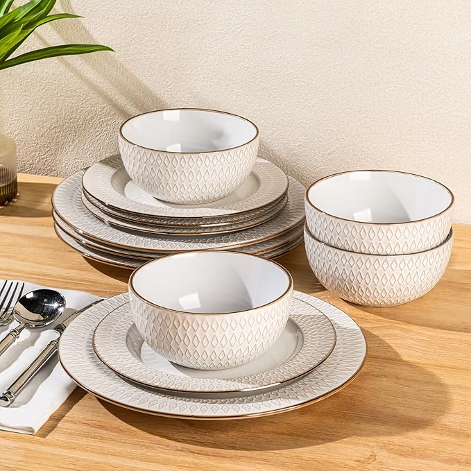 GBHOME Ceramic Dinnerware Sets,12 pcs Embossed Elegant Stoneware Plates and Bowls Sets, Housewarming Wedding Gift | Dishwasher & Microwave Safe | Dishes Set Service for 4