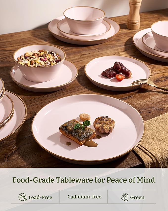 Famiware Saturn Plates and Bowls Dish Sets for 6 (18 Pieces), Stoneware Dinnerware Set with Hand-Painted Trim - Chip & Scratch Resistant, Microwave & Dishwasher Safe Ceramic Dishes, Light Pink