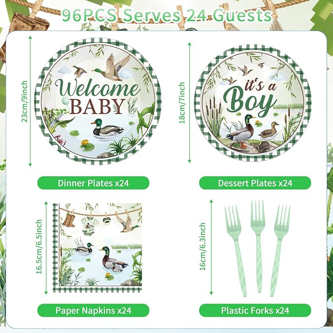 96 Pcs Mallard Duck Baby Shower Decorations, Welcome Baby Boy Cute Watercolor - Image 2