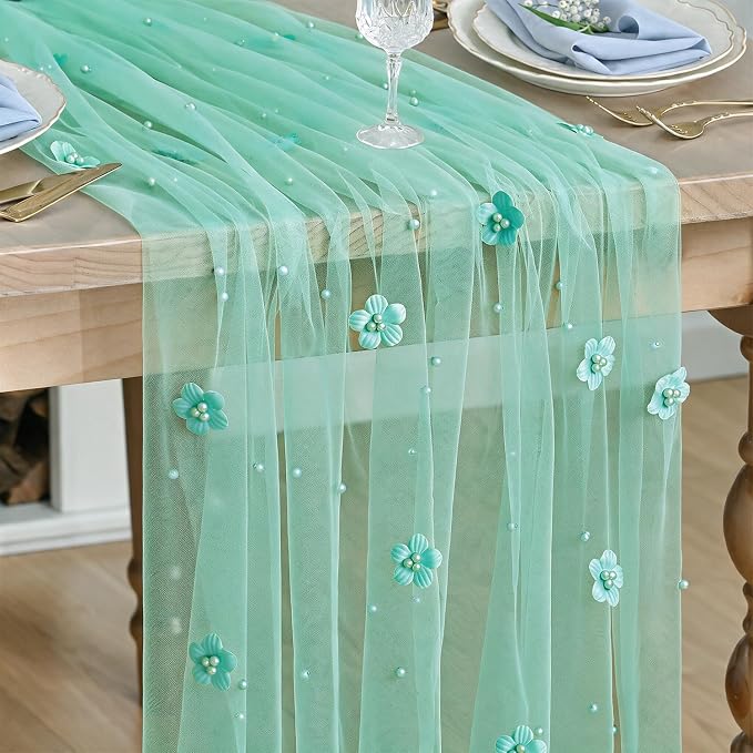 Artoid Mode Turquoise Flower Pearl Gauze Table Runner 10FT, Seasonal Sheer by ArtoidMode