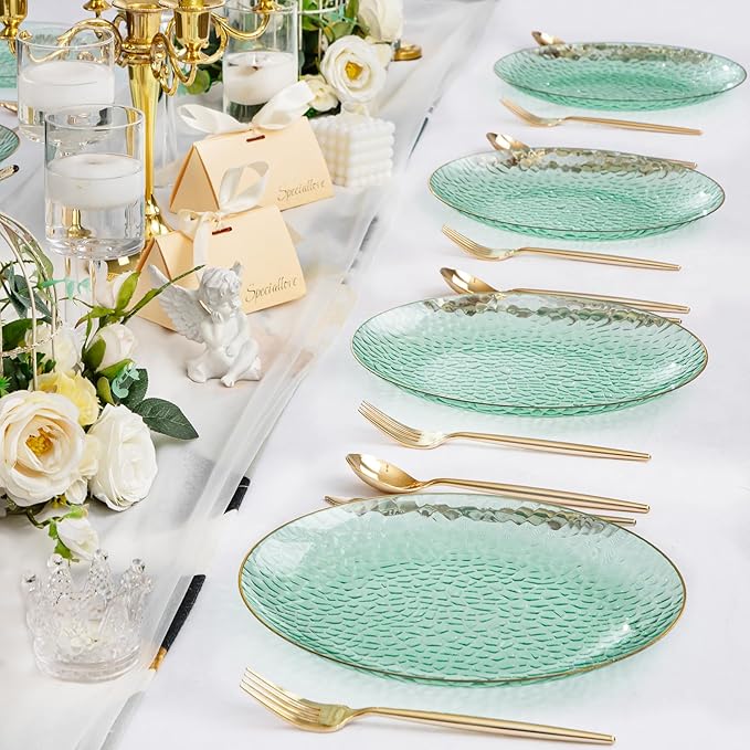DaYammi 60PCS Green Gold Plastic Plates - 10 inch Green Plastic Dinner Plates - Hammer Pattern Design - Fancy Disposable Plates Ideal for Wedding & Party