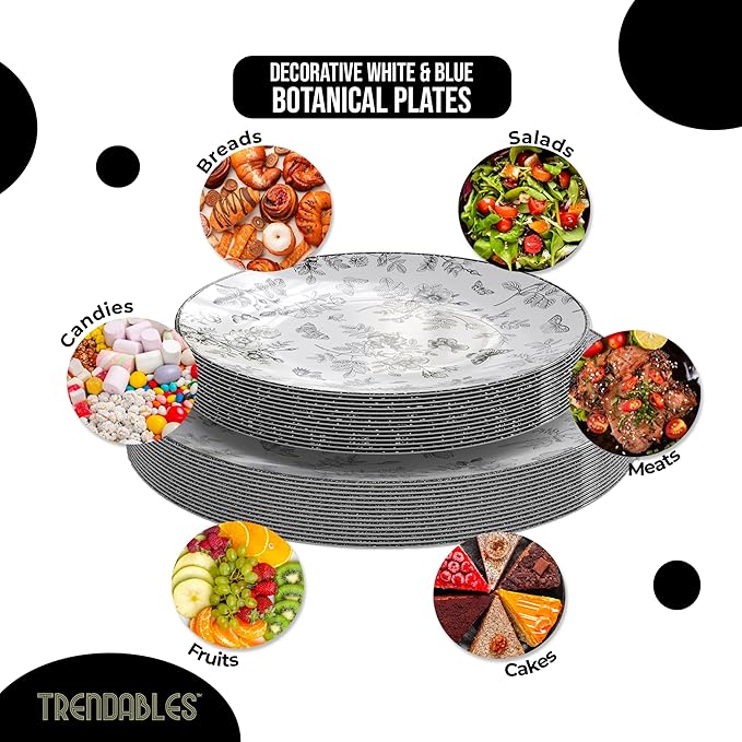 Trendables Disposable Plates For Party Supplies | Black Floral Plastic Plates For Wedding 40 Pcs - 20 X 8 & 20 X 10 Dinner Plate Sets | Floral Plate Set Disposable Plastic Dinnerware Sets