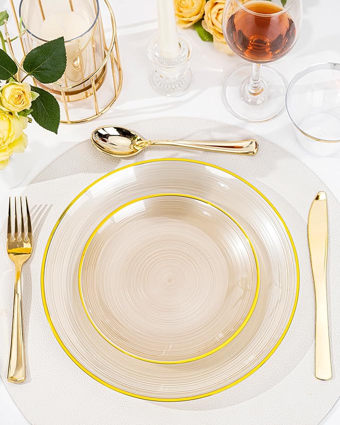 Morejoy 100Pcs Brown Plastic Plates, Clear Coffe Disposable Plates With Gold Rim,Heavy-Duty Brown Plates, Gold Dinnerware Set Include 50 Dessert-plates,50 Dinner-plates for Party & Christmas