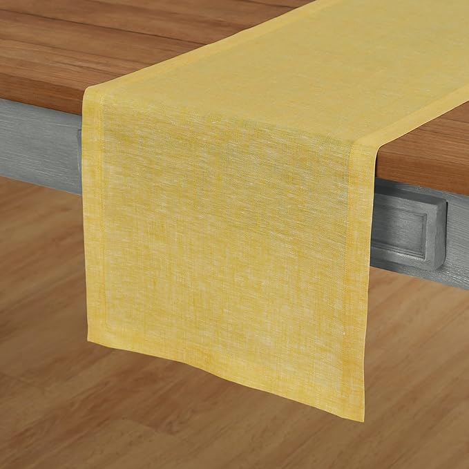 Solino Home Linen Short Table Runner 48 Inches - Athena, 100% Pure Linen Chambray Lemon Yellow Table Runner 14 x 48 Inch Ideal for Dresser and Coffee Tables, Spring, Easter