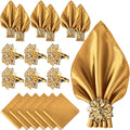 12 Pack Gold Napkin Rings and Cloth Napkins Set of 6, 17x17 Satin Cocktail by CROWNGUIDE