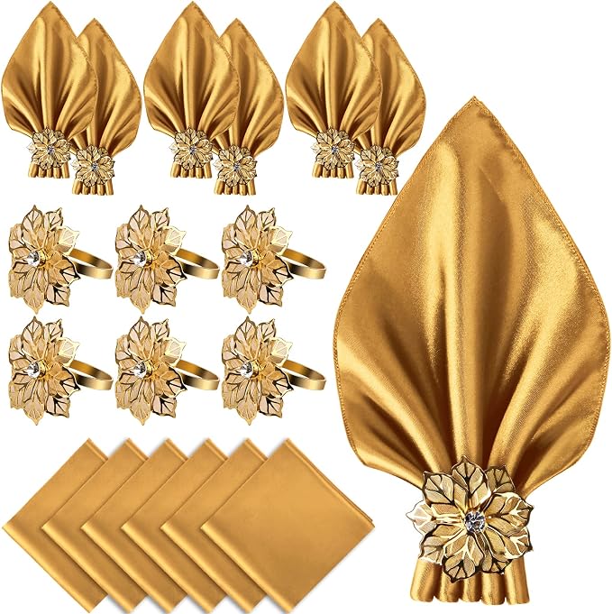 12 Pack Gold Napkin Rings and Cloth Napkins Set of 6, 17x17 Satin Cocktail by CROWNGUIDE