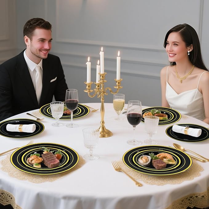 60 PCS Black and Gold Plastic Plates, Disposable Party Black Plates Include 30 10 inch Dinner Plate and 30 7 inch Dessert Plate Perfect for Holiday, Birthday, Wedding & Party