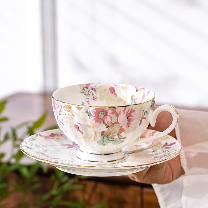 fanquare Pink Floral Tea Cup and Saucer Set - Image 5