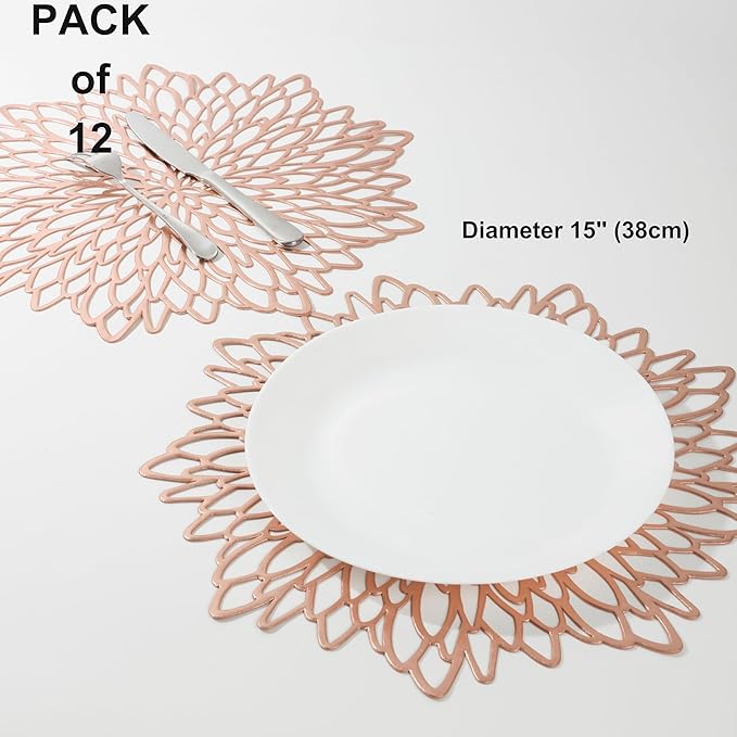 Snowkingdom 12 Pack Rose Gold Placemats Metallic Pressed Vinyl for Mother's Day Table Decoration Dinning Mats Bulk Round Floral Charger for Wedding Valentine's Day Christmas Holiday