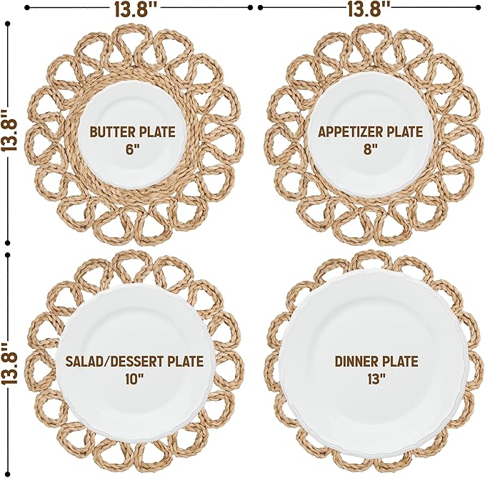 13.8" Corn Husk Woven Round Placemats Set of 6 - Wicker Boho Farmhouse Placemats - Rattan Table Mats Like Water Hyacinth for Dining Table, Wedding, Home