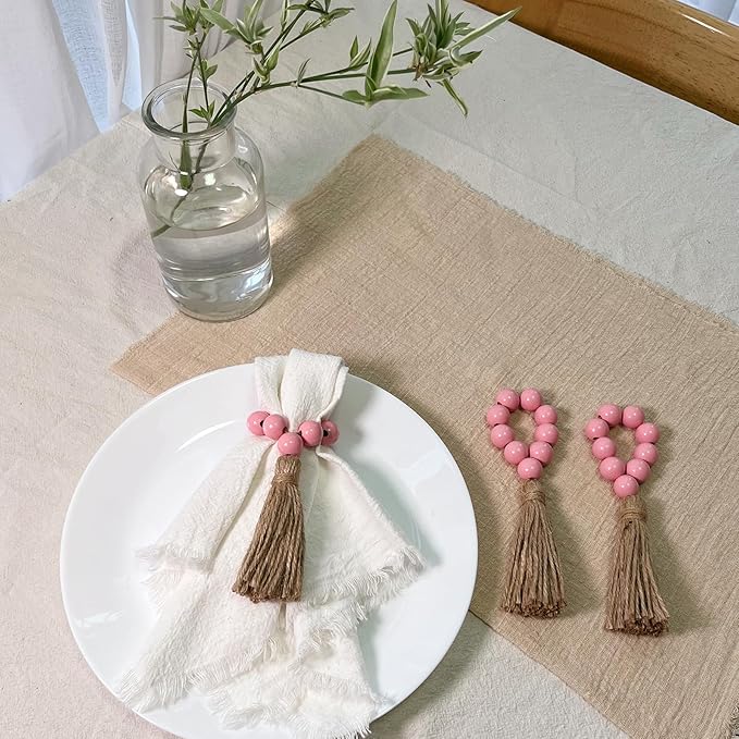 Valentine's Day Napkin Rings Set of 12,Wooden Napkin Ring,Wood Bead Elastic Farmhouse Napkin Holder with Tassel,Boho Napkin Rings for Table Decor,Weeding,Dinner,Party (Pink)