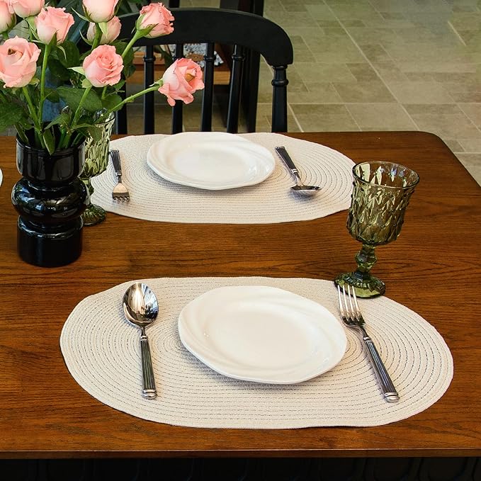 Noctiflorous Oval Braided Placemats Set of 8 Woven 12x18 Inch Non Slip Washable Heat Resistant Place Mats Round Tablemats for Dining Kitchen Party Daily Table Decor Dinner Mats (Solid Beige White, 8)