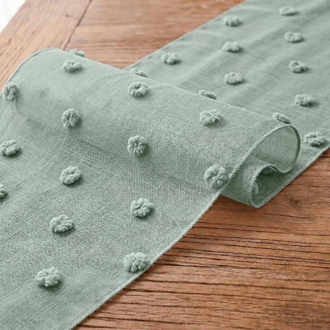 Artoid Mode Sage Green Pom Pom Tulle Table Runner, Seasonal Spring Washable - Image 6