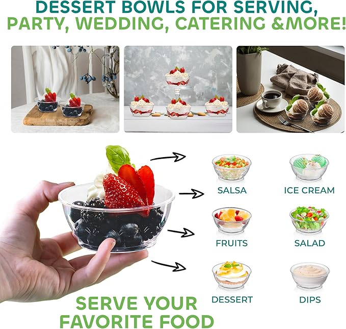JoyServe Clear Mini Plastic Bowls - (Bulk 100 Pack) 6 Oz Disposable Premium Hard Plastic Dessert Bowls for Serving, Weddings, Catering, Parties, Salsa, Home or Event Party Supplies