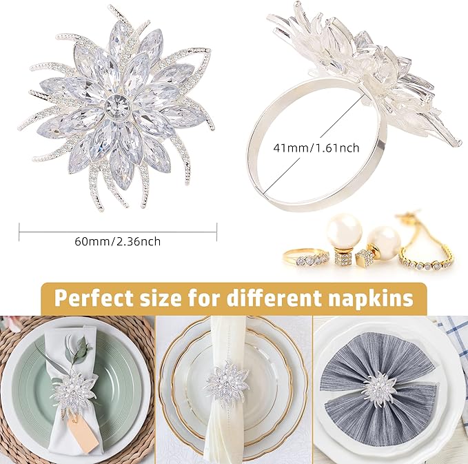 ZeeDix Christmas Flower Napkin Rings Set of 12, Silver Lotus Elegant Rhinestone Napkin Ring Serviette Buckles Holder for Wedding Birthday Christmas Holiday Party Home Kitchen Dinner Table Decoration