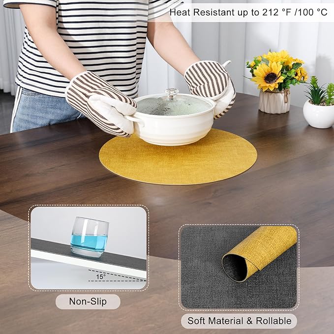 Myir JUN Round Placemats Dual Sided, Faux Leather Place Mats Set of 4 Indoor Placemats for Dining Table Outdoor Placemats Non-Slip Washable Table Mats (Set of 8, Gray Yellow)