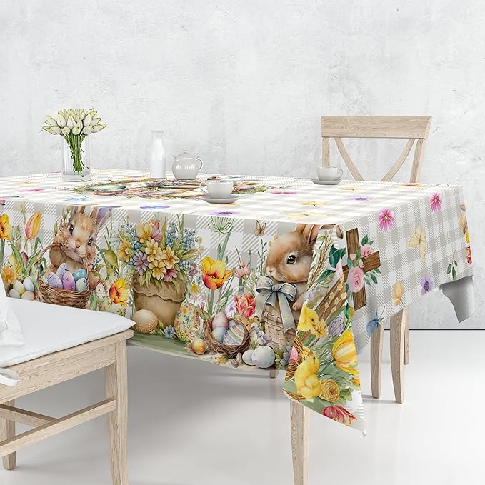 Easter Tablecloth 60 x 120 Inch Rectangle, Easter Bunny Table Cloth Buffalo Check Plaid Kitchen Table Cover for Dining Room Spring Oblong Tablecloth Indoor Decor