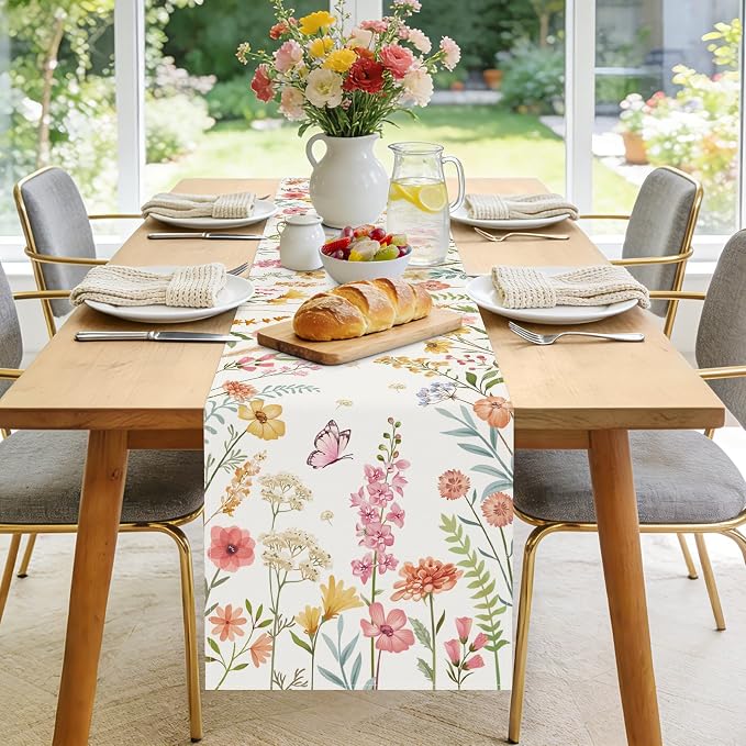 Bonhause Spring Floral Table Runner 13x90 Inch Pink Flowers Green Leaves - Image 2