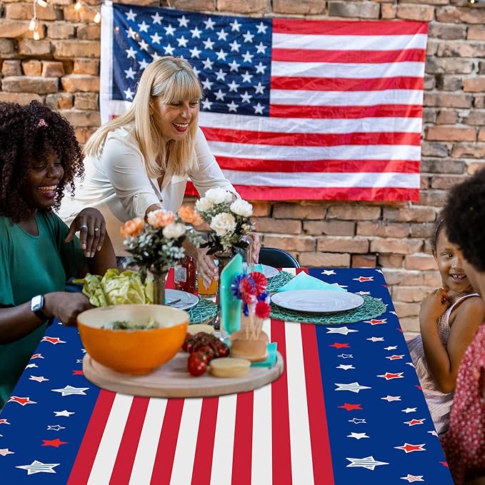 QZYL 2 Pack 4th of July Tablecloth, 54" x 108" American Plastic Table Cover, Disposable Red White Blue Tablecloths Fourth of July Table Cloth, Patriotic Party Supplies Independence Day Decorations