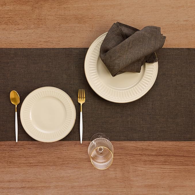 Solino Home Linen Table Runner 36 Inches - 100% Pure Linen Chambray Brown Table Runner 14 x 36 Inch Ideal for Dresser and Coffee Tables - Winter - Athena