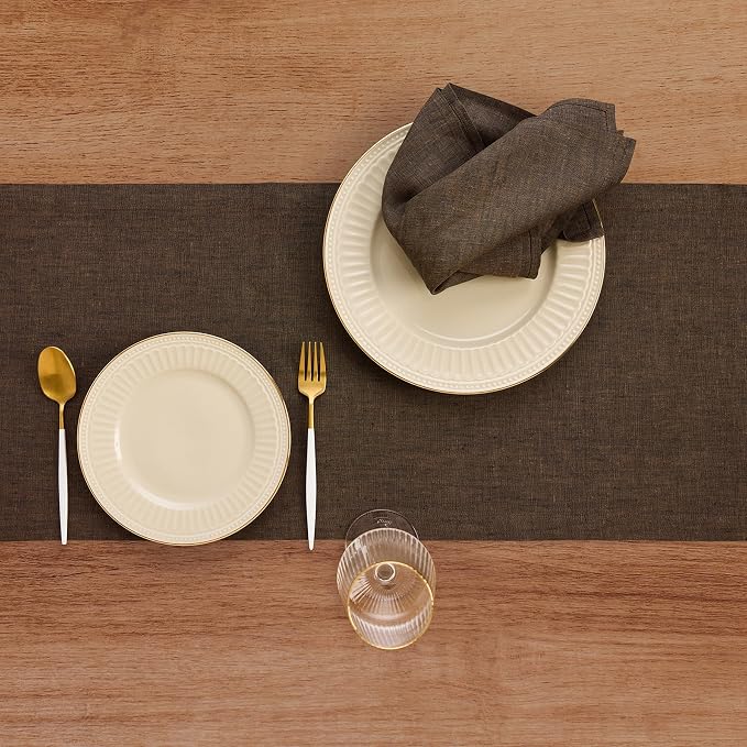 Solino Home 100% Pure Linen Table Runner Brown Long, Athena 14 x 156 in | Table - Image 3