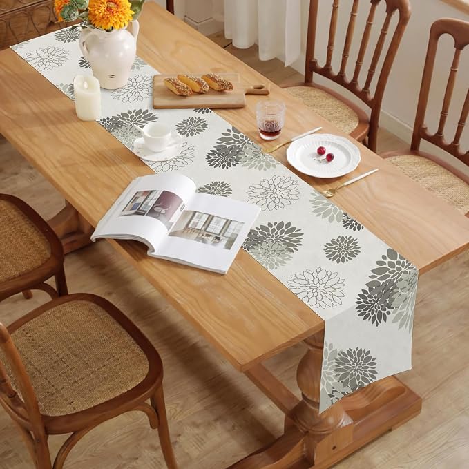Gray Dahlia Table Runner Modern Elegant Flower Beige Table Runners Geometric - Image 2