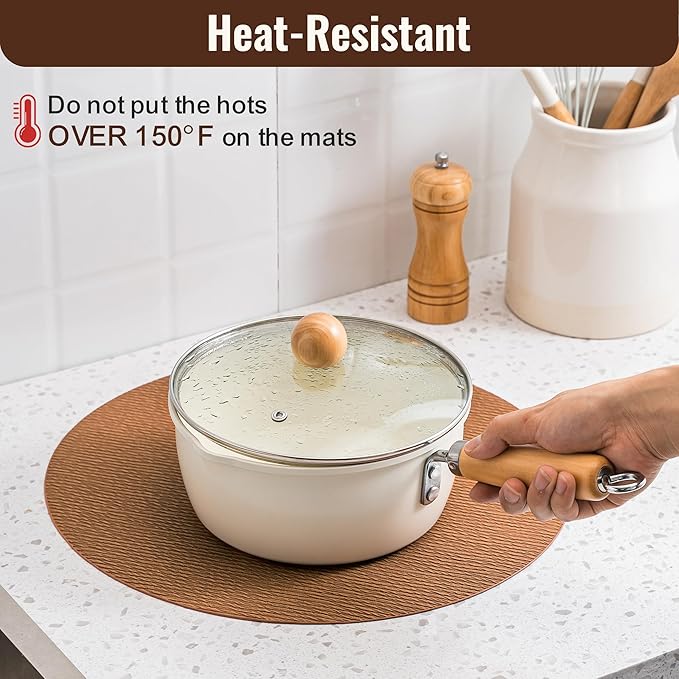 Jovono 15" Faux Leather Big Round Placemats Set of 6 - Washable Heat Resistant Non-Slip Dining Table Mats with Fabric Texture for Kitchen Home Party Decor, Brown