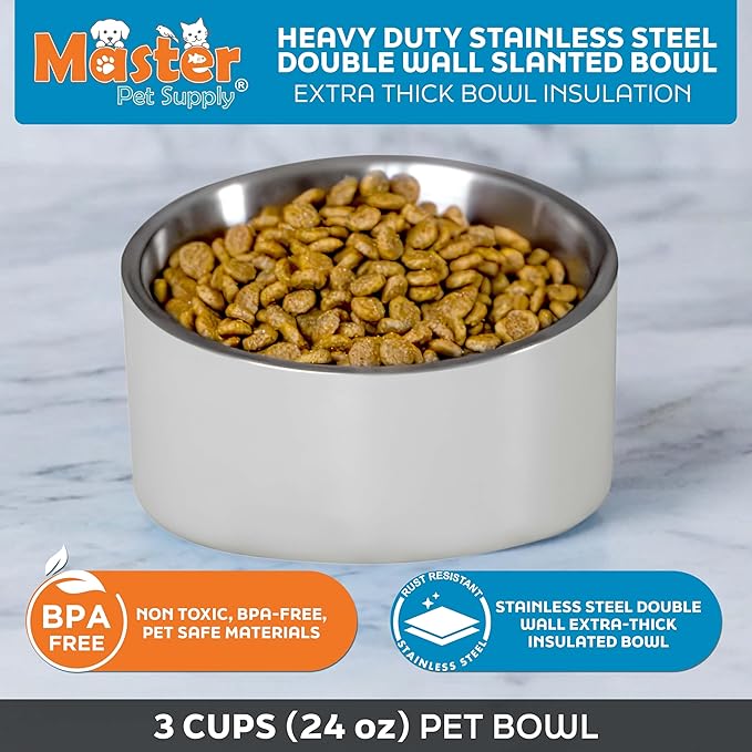 Master Pet Supply Stainless Steel Slanted Dog Cat Food Bowl - 24 oz Heavy Duty - Bone White, Double Wall Insulated, Non-Slip Elevated Bowl for French Bulldogs Pugs Cats, Anti Rust Dishwasher Safe