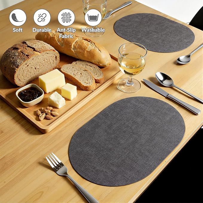 Placemats Set of 8, 11.8 x 17 Inch, Dark Grey | Heat Resistant Oval Faux - Image 6