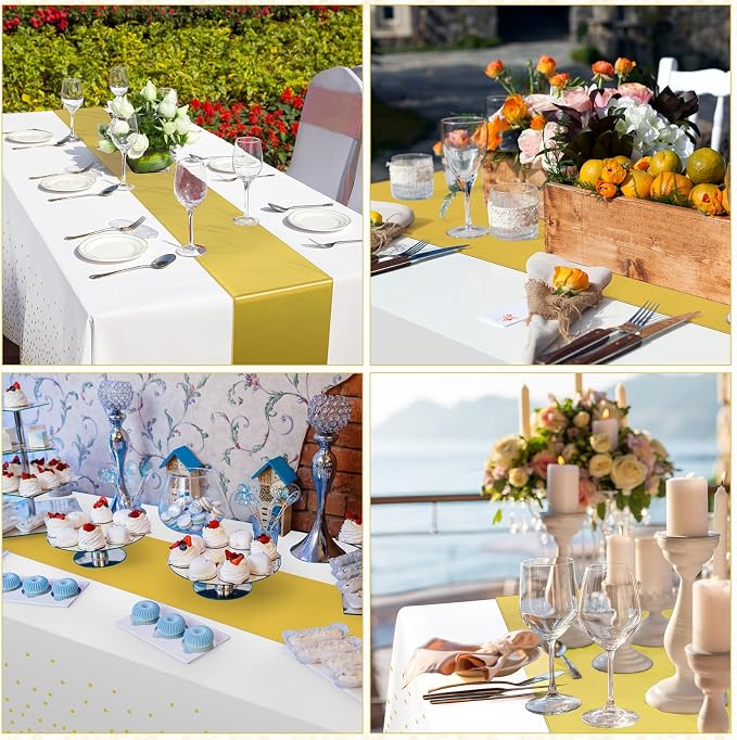 12 Pack White and Gold Tablecloth and Table Runner Set Party Decorations - Image 6