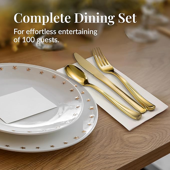 Prestee 400 Pieces Gold Silverware Set for 100 Guests - Premium Pre Rolled Disposable Plastic Silverware Set with Napkins - Wrapped Utensils with Forks, Knives, Spoons, Napkins for Weddings and Events