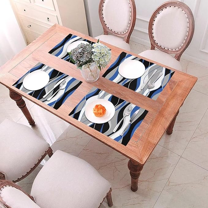 Placemats Set of 6 Black and Blue Place Mats White Grey Striped Modern Abstract Woven Table Mats Washable PVC Placemat for Dining Kitchen Decor Indoor Outdoor, 12 x 18 Inch