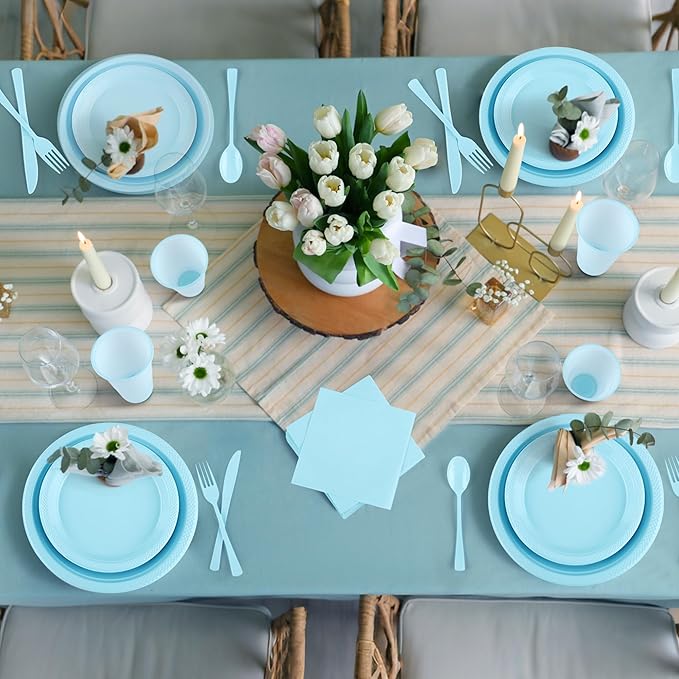 Kochorie 240 Pieces Light Blue Plastic Dinnerware Set Disposable Heavy Duty Plates Napkins Cups Silverware Dessert Dinner Plates for Birthday Wedding Baby Shower Party Supplies, Serves 30 Guests