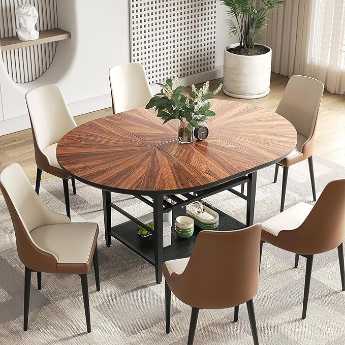 VFK 47.2"-63" Extendable Round Dining Table Set for 4–6, Solid Wood & Metal Table with Wine Rack Storage Shelf, Walnut Kitchen Furniture with 6 Upholstered Chairs (Storage Table and 6 Brown Chairs)