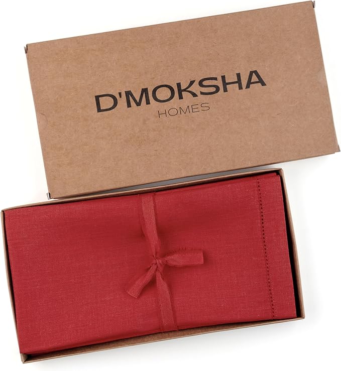 D'Moksha Homes Bright Red Linen Napkins Set of 8 - Classic Hemstitch 100% Pure Linen Hemstitch Dinner Napkins 20 x 20 Inch for Valentines, Spring, Easter - Handcrafted and Machine Washable