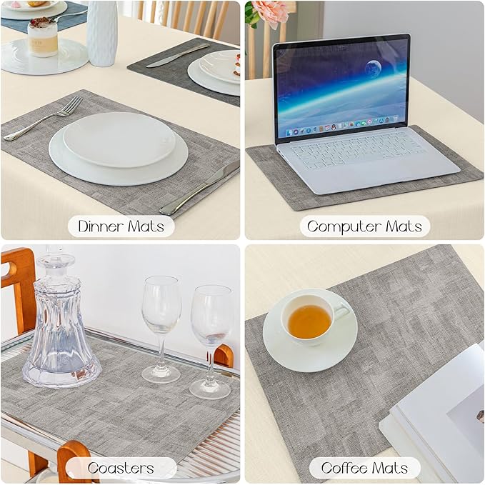 Romanstile Reversible Vinyl Placemats Set of 8, Faux Leather 100% Waterproof Oil-proof Wipeable Place Mats, Heat Resistant Dual Sided Table Mats for Kitchen/Dining/Party (Grey Light Grey, 12 x 17 Inch