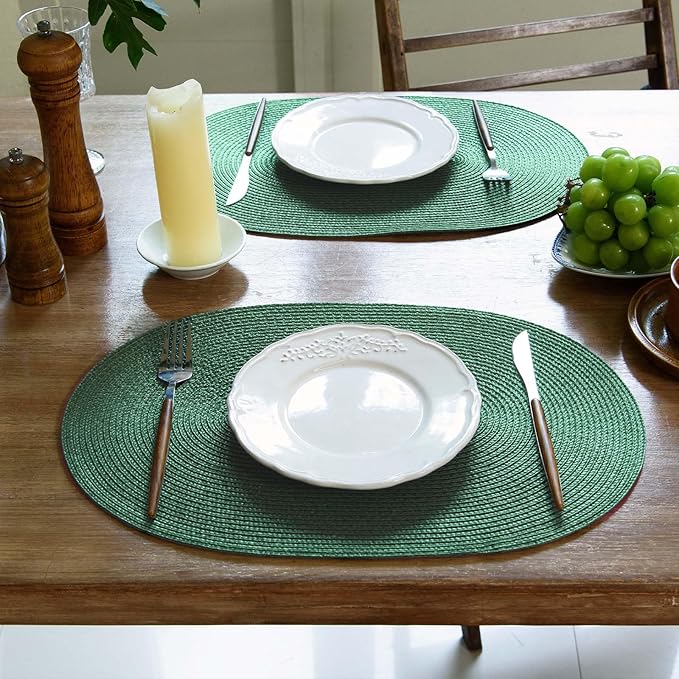 FunWheat Oval Braided Placemats Set of 8 Table Mats for Dining Tables Washable Heat Resistant Place Mats for Indoor Outdoor Use 12 x18 Inch(Oval Black Green, 8pcs)