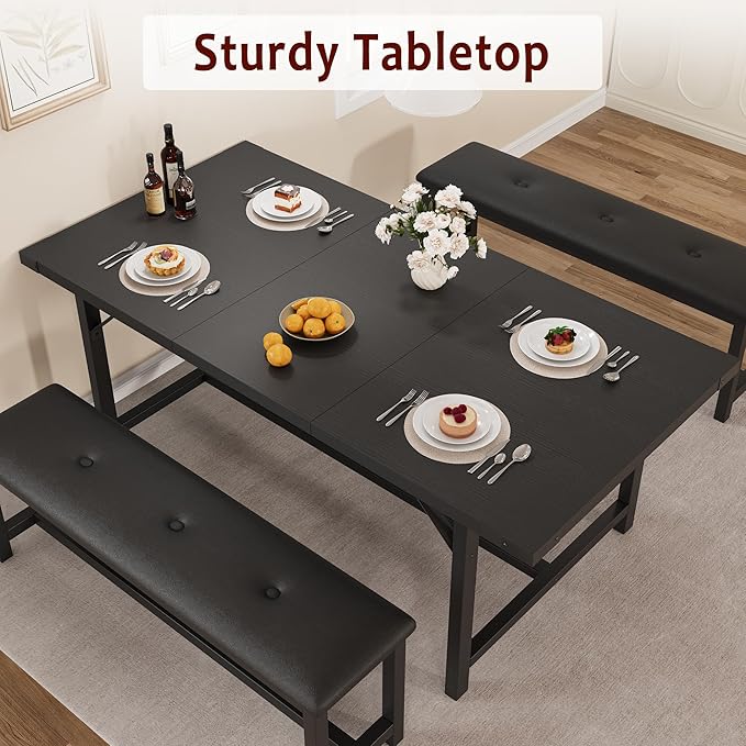 IDEALHOUSE 3-Piece Dining Table Set for 4-6 People, 63" Large Extendable Kitchen Table Set w 2 Soft Benches, Easy Assembly, Space Saving for Apartment, Small Space, Black