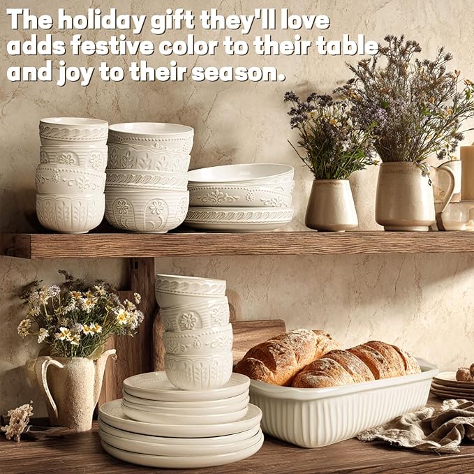 Artena Pasta Bowls, 50oz Large Salad Serving Bowls, 9.75'' Plates Bowls Set of 4, Big White Ceramic Soup Bowls for Kitchen, Embossment Shallow Dinner Bowl, Microwave Dishwasher Safe, Pinwheel Flower