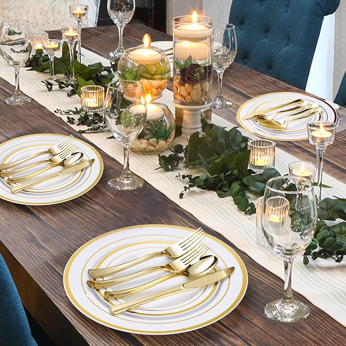 BESTVIP 300PCS Gold Plastic Plate Set (50 Guests), Plastic Plates for Party Wedding Birthday, Disposable Dinnerware Set of 100 Plates, 100 Forks, 50 Spoons, 50 Knives for Christmas