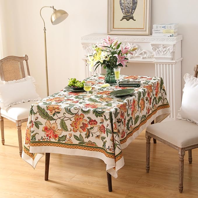 patdrea Designer Vintage Linen Rectangular Tablecloth,Provencal Rustic Floral Pattern Tablecloths,Decorative Table Cover Cloth for Kitchen,Dining,Tea Party,Home,Christmas,63"*110"