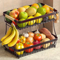2-Tier Fruit Basket with Banana Hangers, Detachable Metal Bowl | Wooden handle by Sevenblue