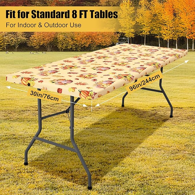 Smiry Rectangle Thanksgiving Table Cloth, Waterproof Elastic Fitted Tablecloths for 8 Foot Tables, Washable Polyester Table Cover for Autumn Harvest Parties (Pumpkin Sunflower, 30"x96")