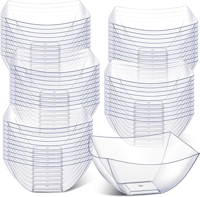 Tanlade 50 Pcs Square Plastic Serving Bowls Disposable Snack Salad Bowl Small Party Candy Bar Containers Taco Bar Serving Dishes for Buffet Chips Fruit(Clear,8 oz)